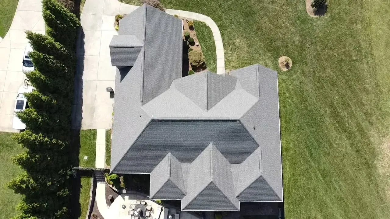 Large hip roof viewed from directly above