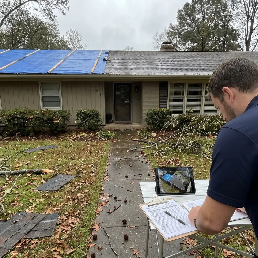 Inspector documenting storm damage at a tarped home