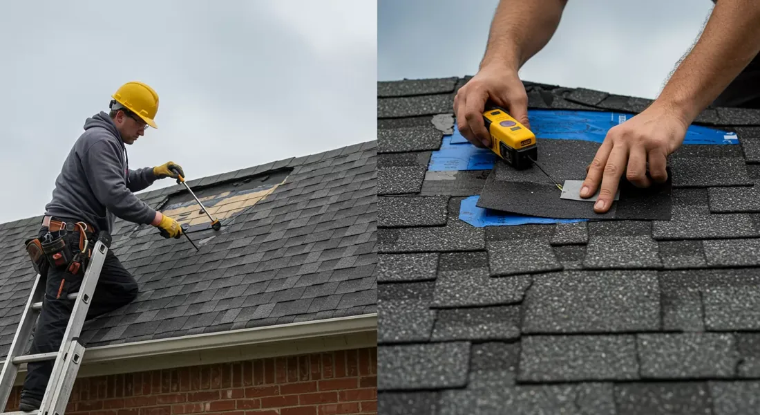Roofer replacing damaged shingles